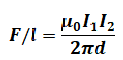 Magnetic force per unit length between two parallel current-carrying wires